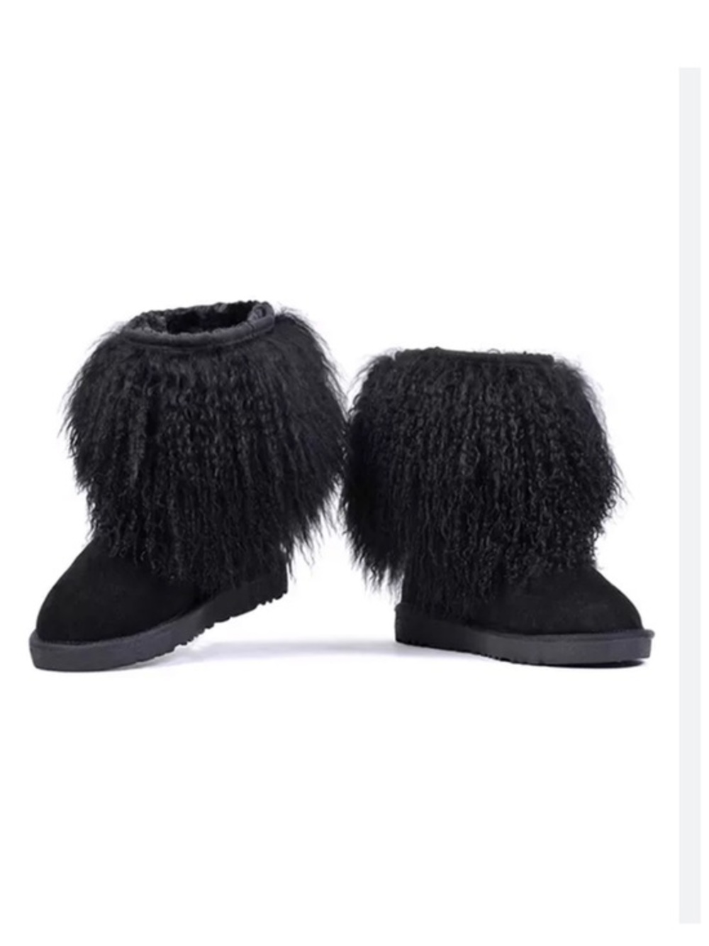Woman's Classic Short Curly
Sheepskin Cuff Mongolian Black Suede Boots Size 6